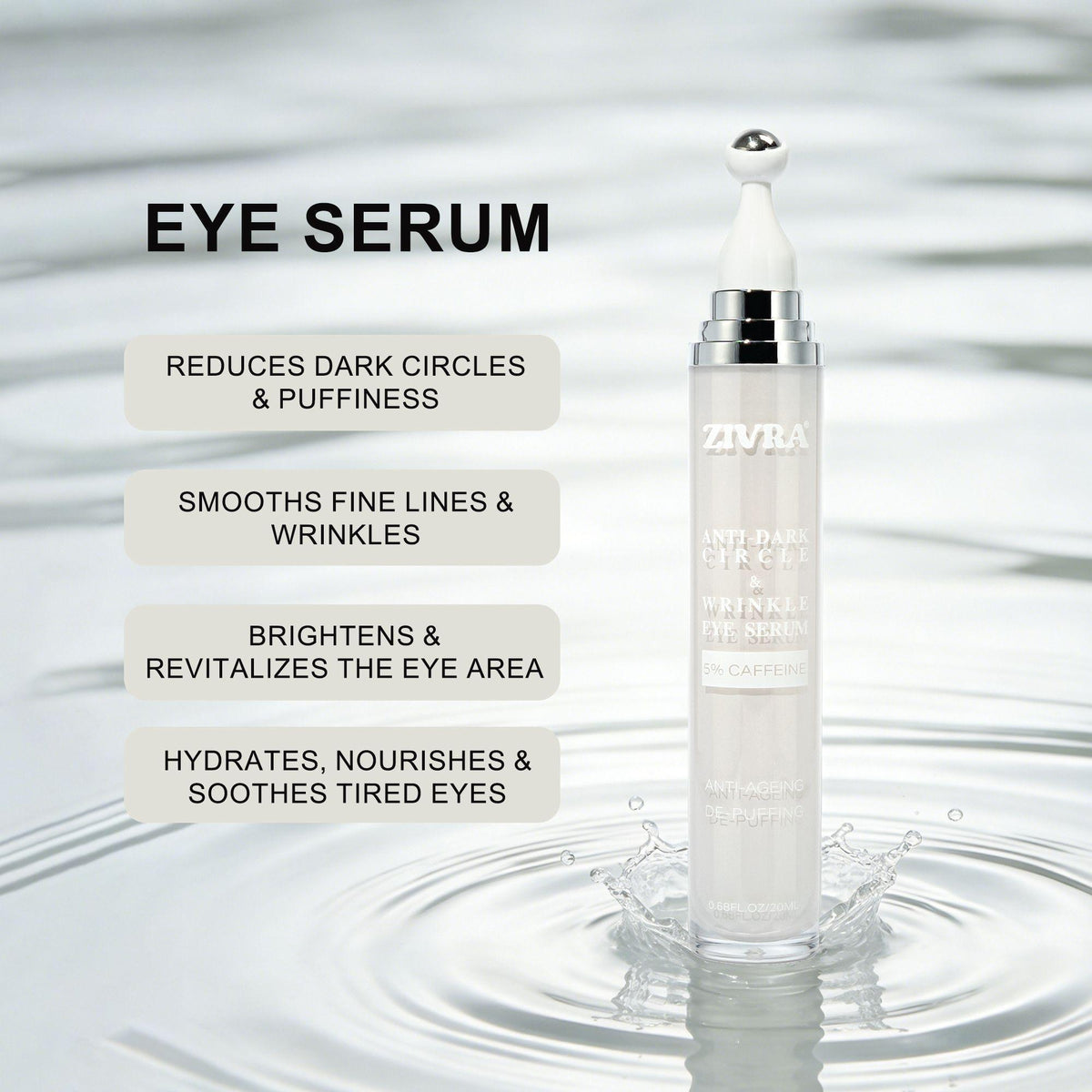 ZIVRA Anti Dark Circle Eye Serum – 5% Caffeine | Anti-Ageing & De-Puffing | 20ml | 360° Roller Applicator