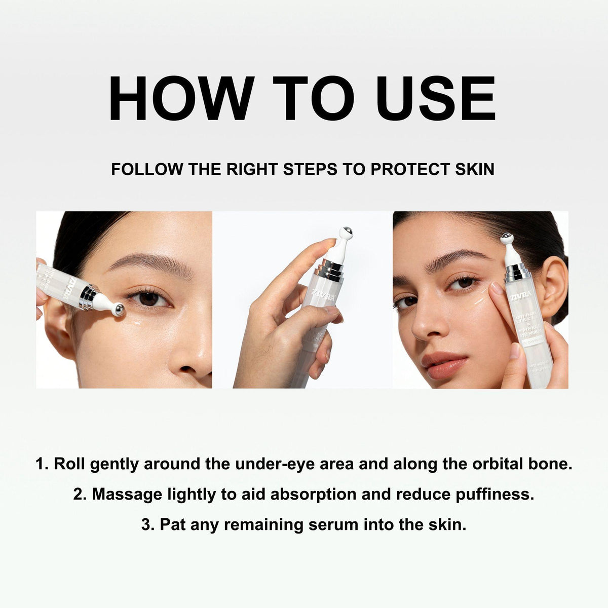 ZIVRA Anti Dark Circle Eye Serum – 5% Caffeine | Anti-Ageing & De-Puffing | 20ml | 360° Roller Applicator